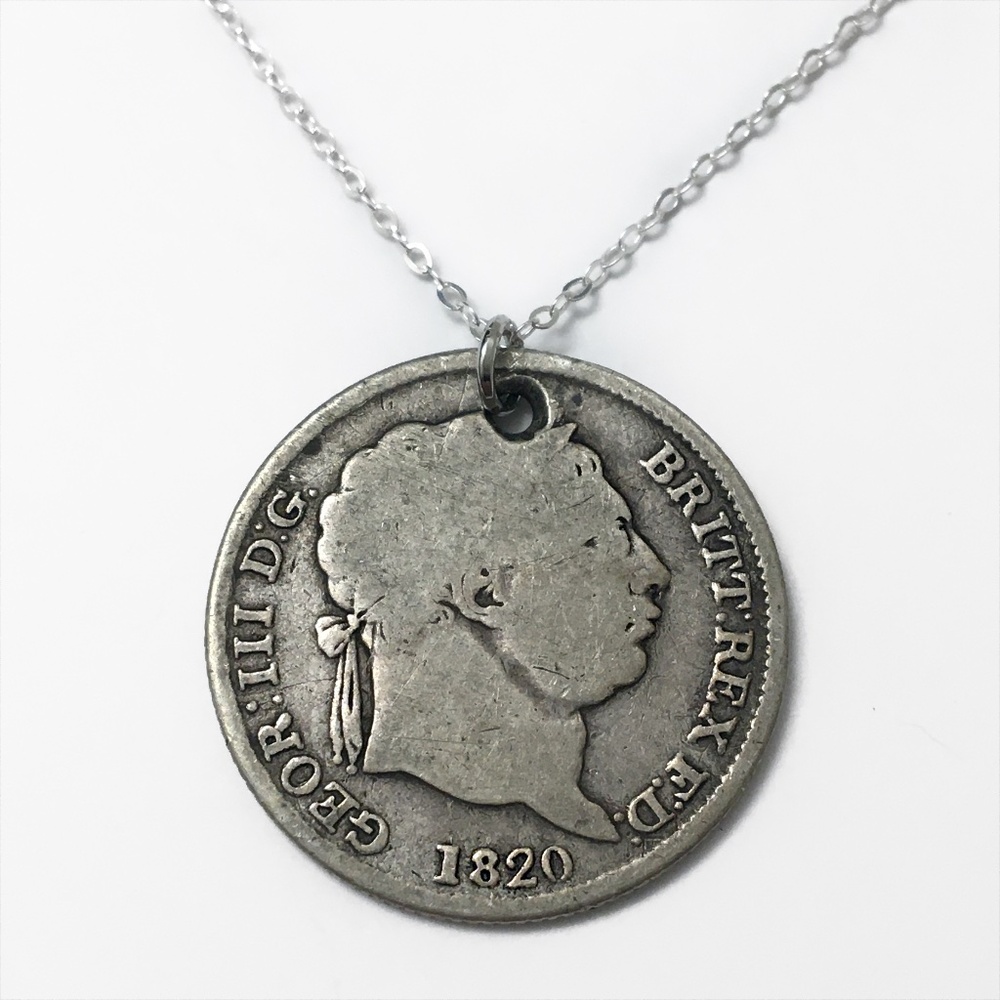 Antique 1820 Sterling Silver Coin Necklace — Sterling Silver Chain (18-inch)